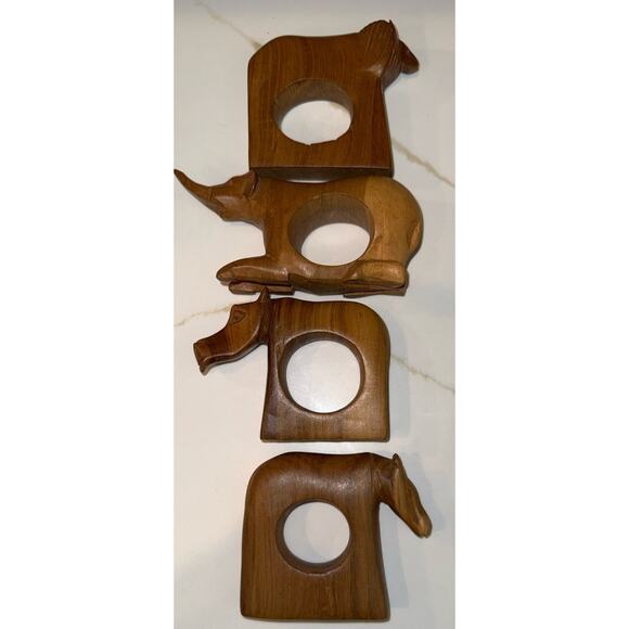 Safari Animal Napkin Ring Holders Hand Carved Wooden Set Of 4 Table Decor - Picture 4 of 10